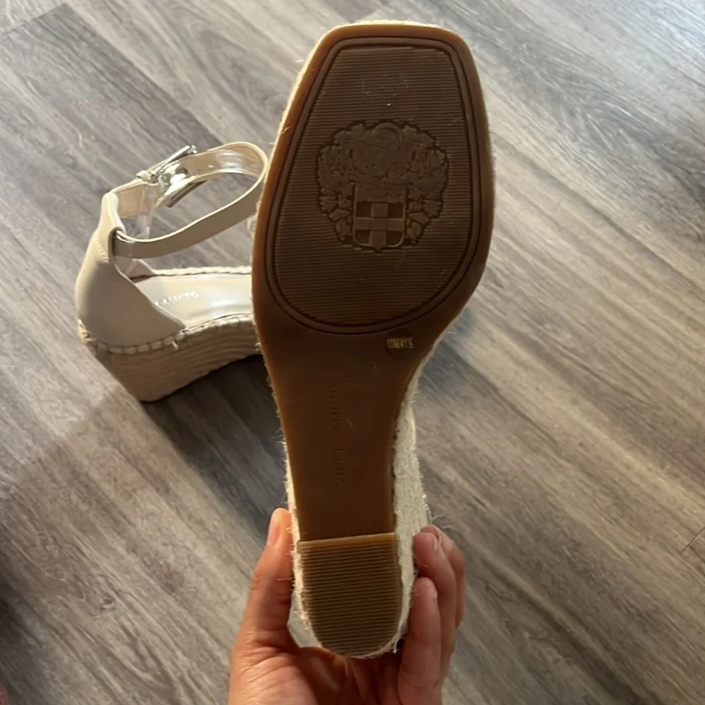 Vince Camuto Women’s Cream Strap   Wedge Espadrille Leather Sandals Size 10